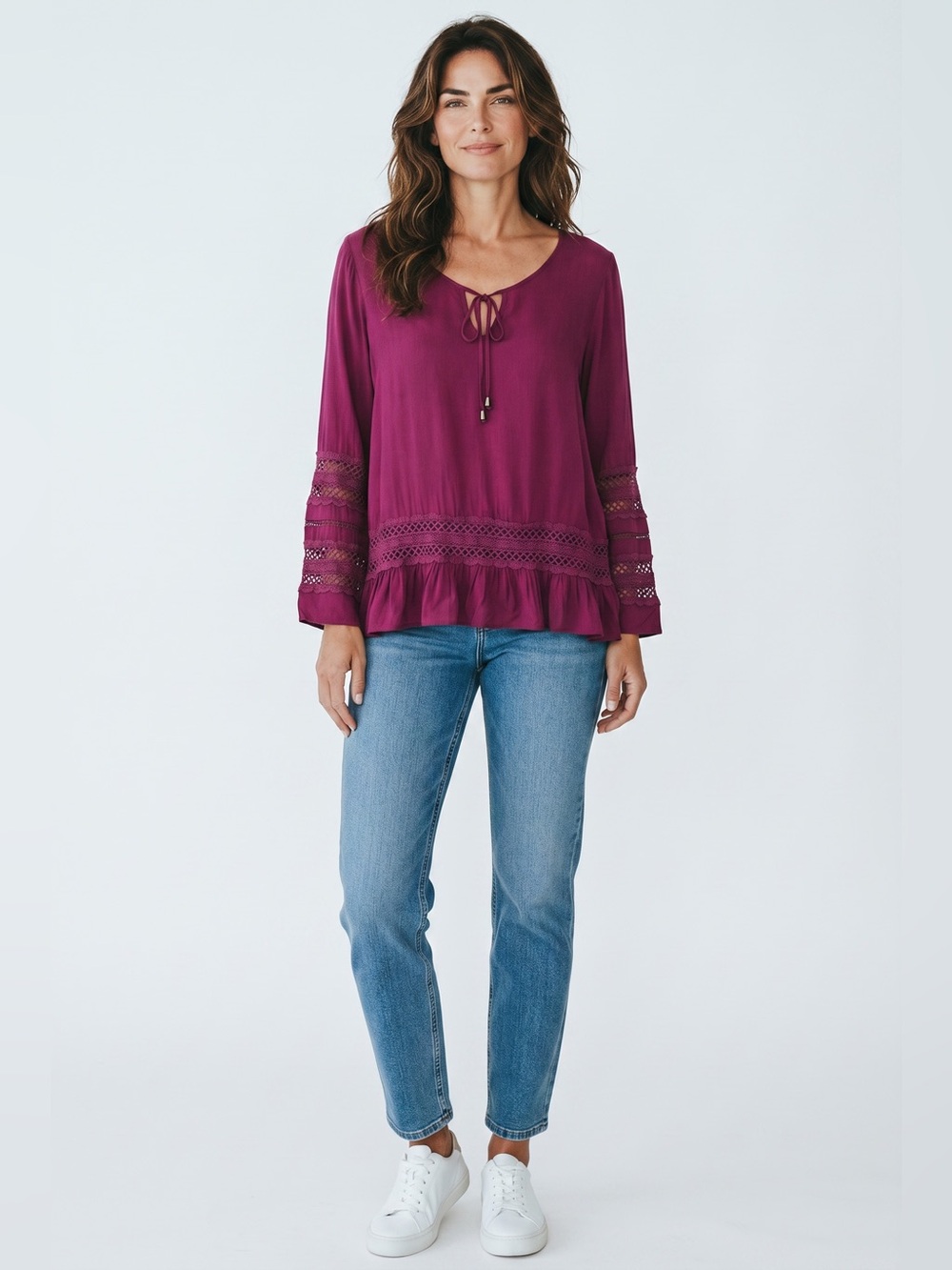 Entro Long Sleeve Crochet Detail Blouse // Purple // Medium